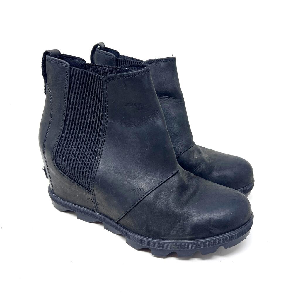 Sorel Joan‎ of Arctic Wedge II Womens 8 Chelsea Boot Black Leather Hidden Heel